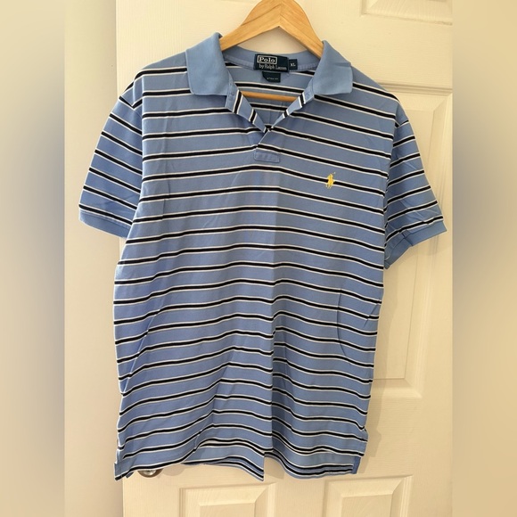 Polo Ralph Lauren custom fit XL blue stripe yellow logo 100% Pima cotton - Picture 1 of 10